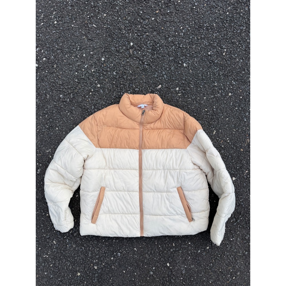 Time and Tru Women Tan Cream Colorblock Puffer Jacket XL 16-18 TT33100077254B
